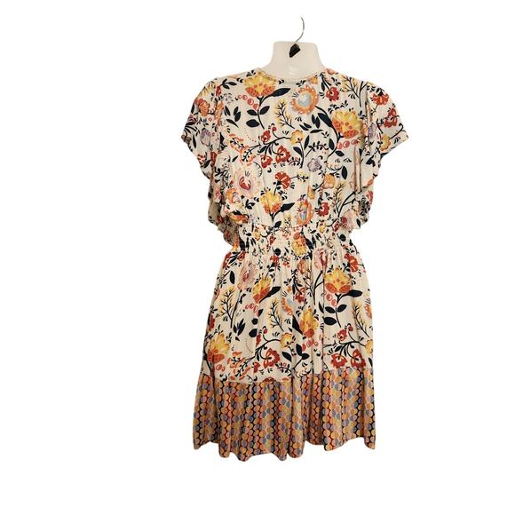 Angie Boho Floral Flutter Sleeve Smocked Faux Wrap Mini Dress Orange Medium - Picture 2 of 9